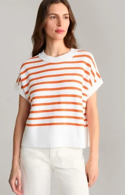 Baumwoll-Strickpullover in Orange/Weiß gestreift