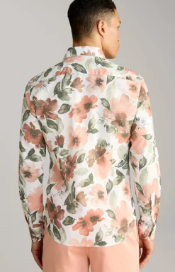 Leinenmix-Hemd Pai in Weiß/Oliv/Rostrot gemustert