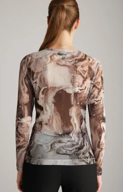 Mesh-Langarm-Shirt in Offwhite/Schwarz