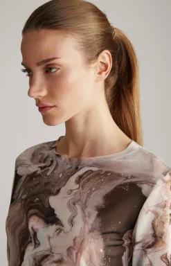 Mesh-Langarm-Shirt in Offwhite/Schwarz