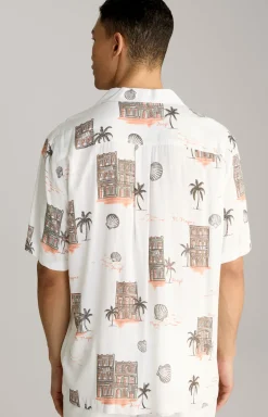 Viskose-Hemd Kawai in Offwhite/Braun/Rot gemustert