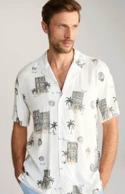 Viskose-Hemd Kawai in Offwhite/Blau/Gelb gemustert