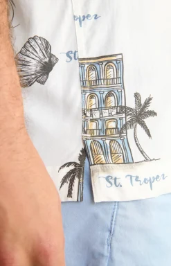 Viskose-Hemd Kawai in Offwhite/Blau/Gelb gemustert